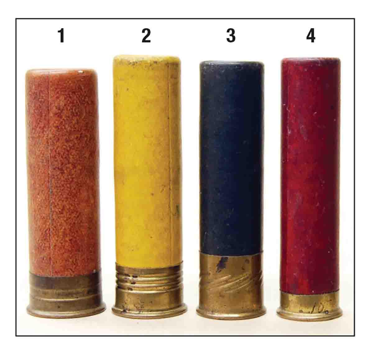 Superior smallbore shotgun shells of the early years of the .410 include the (1) 20, (2) 24, (3) 28 and the (4) 32 gauges.